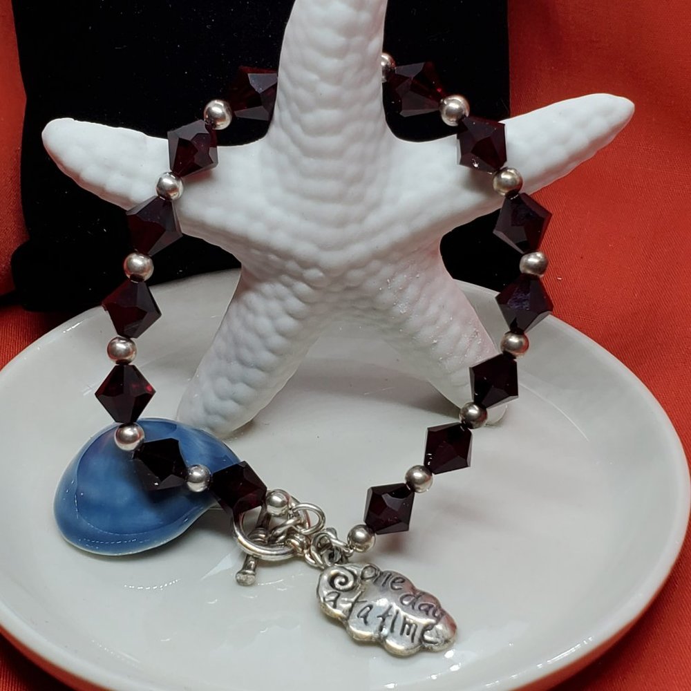 Genuine Swarovski Garnet Crystal Toggle Bracelet with One Day at Time Charm